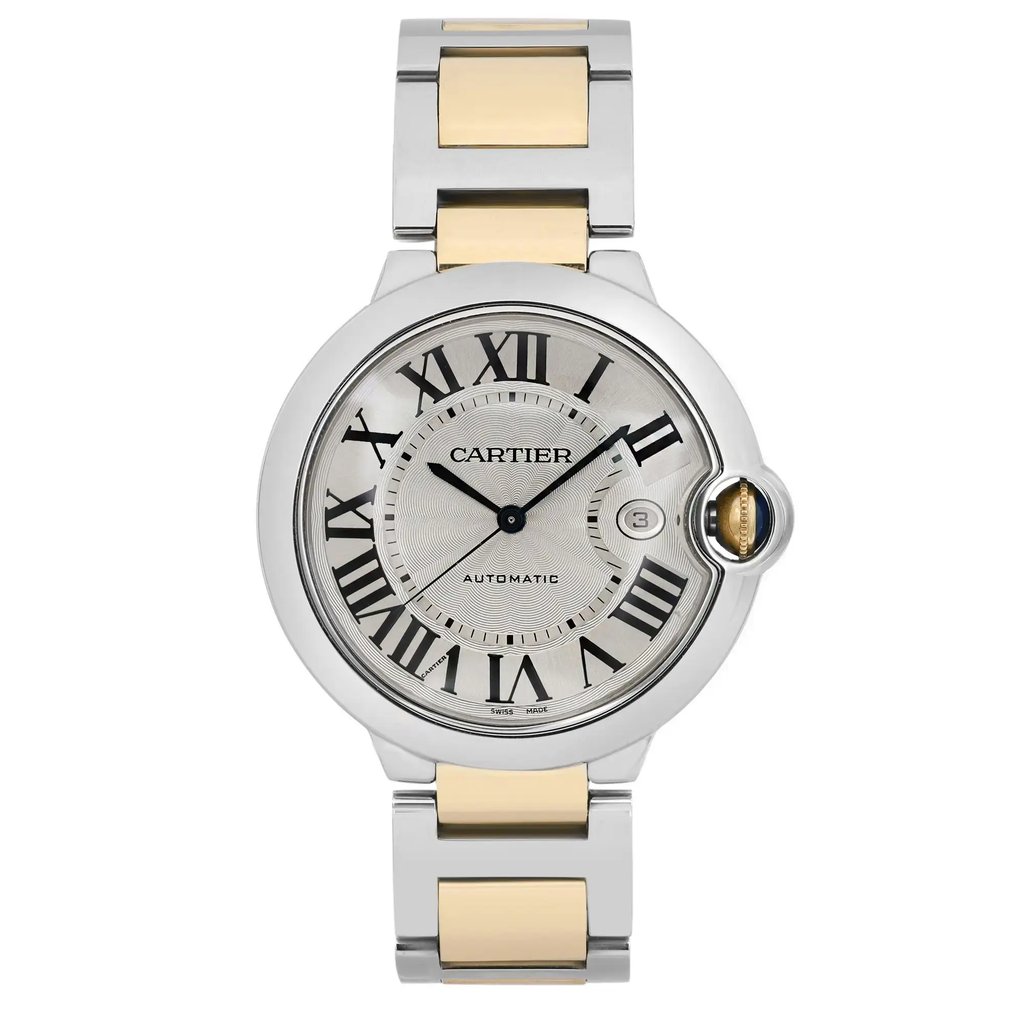 An image of a pre-owned wristwatch shown from a front full frontal view. The watch has a round face with a mix of silver and gold tones, featuring Roman numerals and a date window. The metal bracelet is composed of alternating silver and gold links. The image is taken from a close distance, capturing the details of the watch's design and condition.