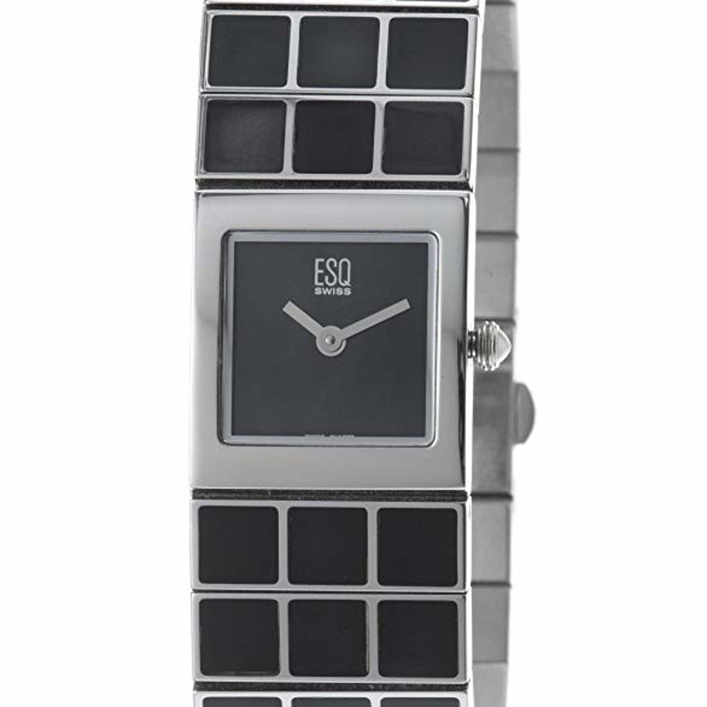 An image of a Wristwatch by ESQ. This Pre Owned item is designed for Women, featuring a Casual style. It has a Quartz movement and an Analog display with a Black dial color. The indices include No Hour Marks. The band is made of Stainless Steel and the case is made of Stainless Steel. The watch has a Square shape with a case size of 19 mm and a case thickness of 7 mm.