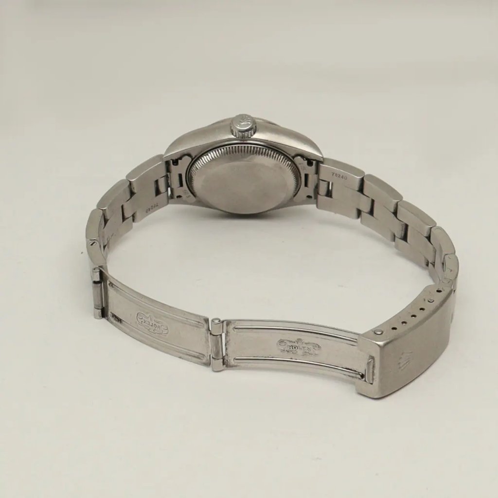 Back View Of Screwback Back Case And Open Stainless Steel Band Of Rolex 79160 Watch Pre Owned Condition