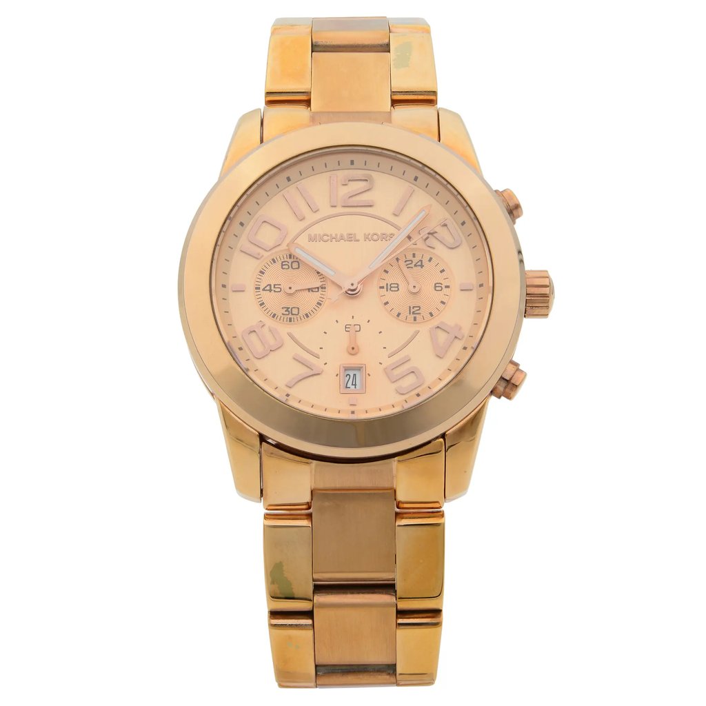An image of a Wristwatch by Michael Kors. This Pre Owned item is designed for Women, featuring a Classic style. It has a Quartz movement and an Analog display with a Salmon dial color. The indices include 12-Hour Dial,Arabic Numerals,Multi Dial,Seconds Hand. The band is made of Stainless Steel and the case is made of Stainless Steel. The watch has a Round shape with a case size of 42 mm and a case thickness of 12 mm.