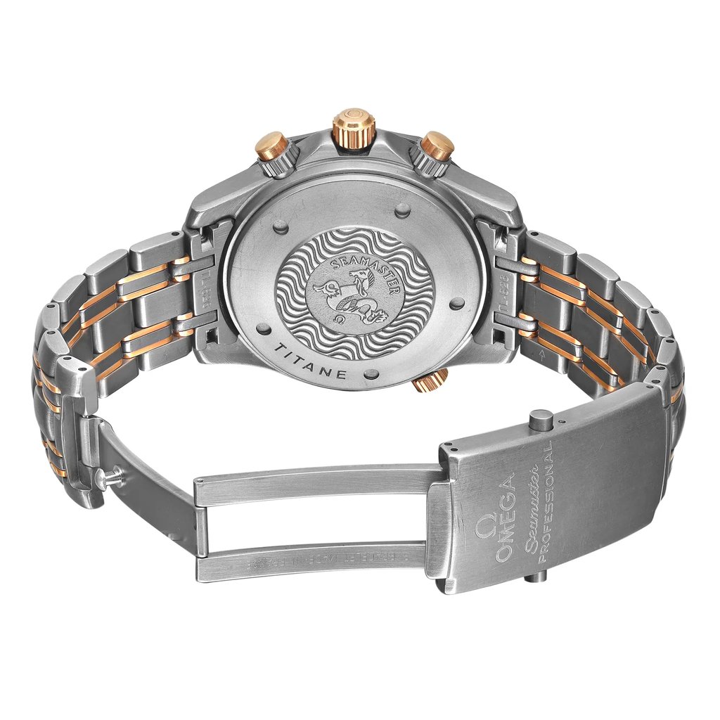 Back View Of Screwback Back Case And Open Titanium Band Of OMEGA 2296.80.00 Watch Pre Owned Condition