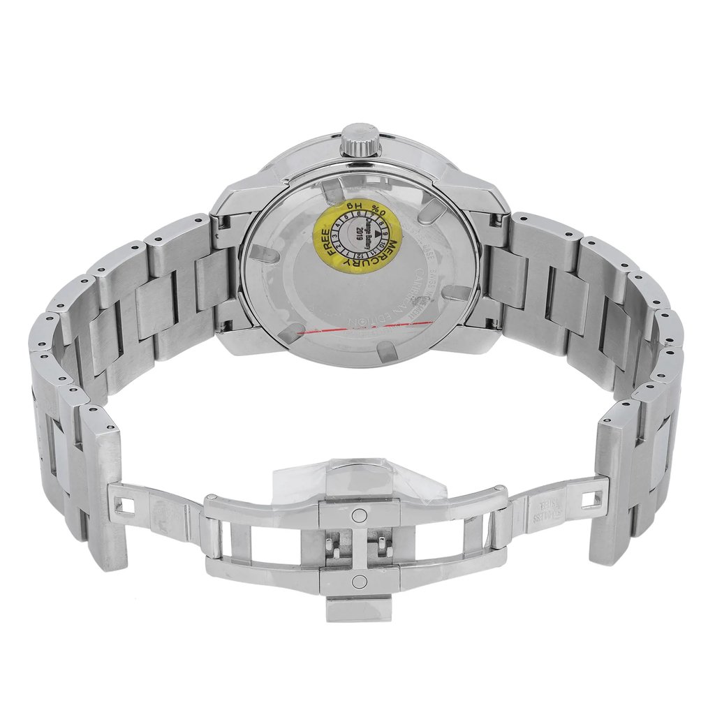 An image of a wristwatch taken from the back view, showcasing the open clasp. The watch features a stainless steel bracelet and a visible case back. The angle is directly from the rear, and the shot is at a close distance to highlight the details of the clasp and bracelet links. The watch is in display model condition.