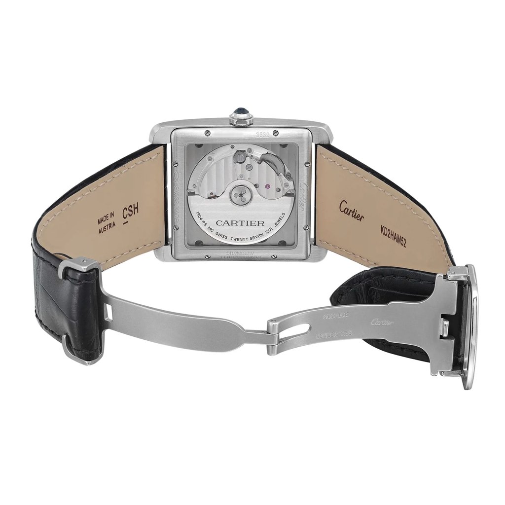 Back View Of Exhibition Back Case And Open Leather Band Of Cartier WSTA0010 Watch Pre Owned Condition