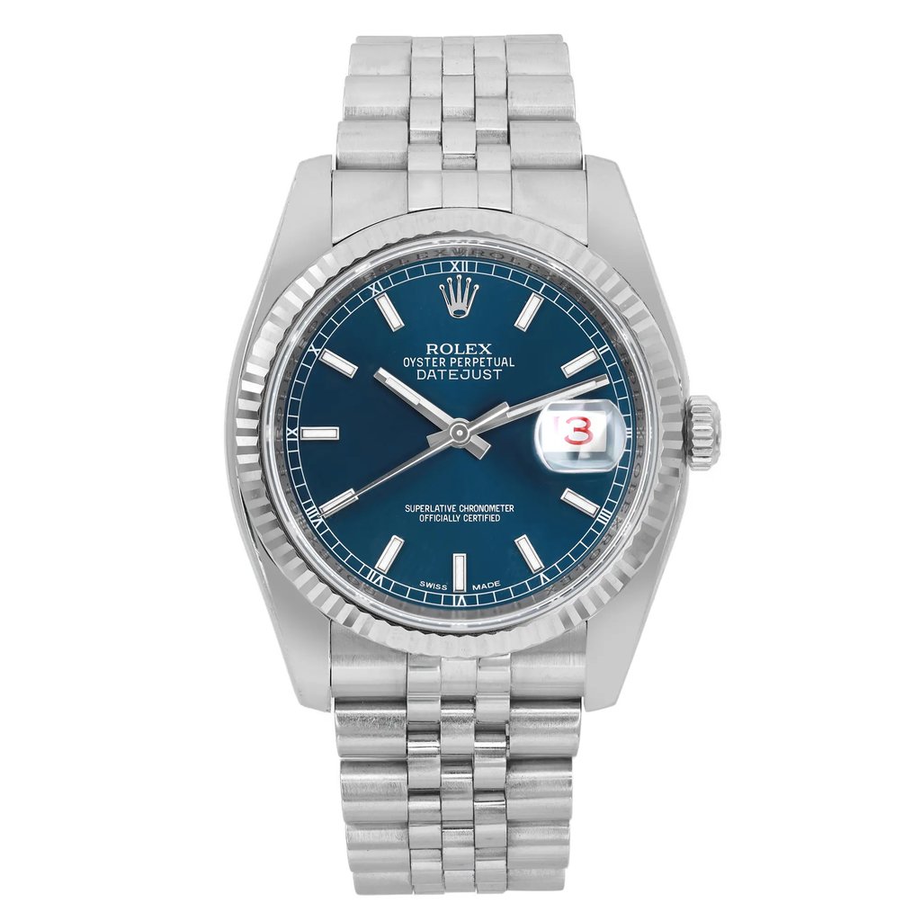 An image of a pre-owned wristwatch shown in a front full frontal view. The watch features a silver metal bracelet and a deep blue watch face with silver hour markers and hands. The date is displayed under a magnifying lens at the three o'clock position. The watch is positioned directly facing the viewer, providing a clear and detailed view of its design and features.