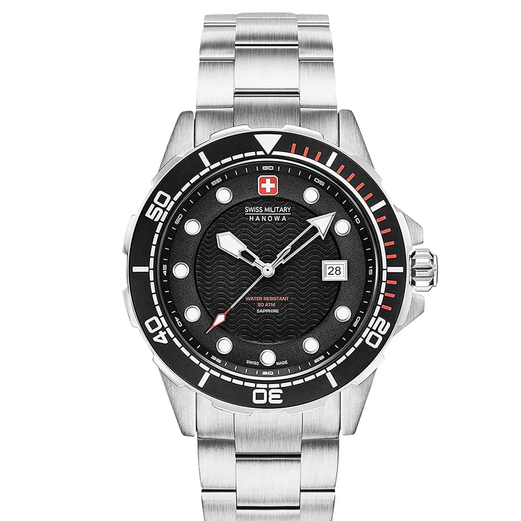 An image of a Wristwatch by Swiss Military Hanowa. This Unworn item is designed for Men, featuring a Dress/Formal style. It has a Quartz movement and an Analog display with a Black dial color. The indices include 12-Hour Dial,Round Indexes. The band is made of Stainless Steel and the case is made of Stainless Steel. The watch has a Round shape with a case size of 44 mm and a case thickness of 12 mm.