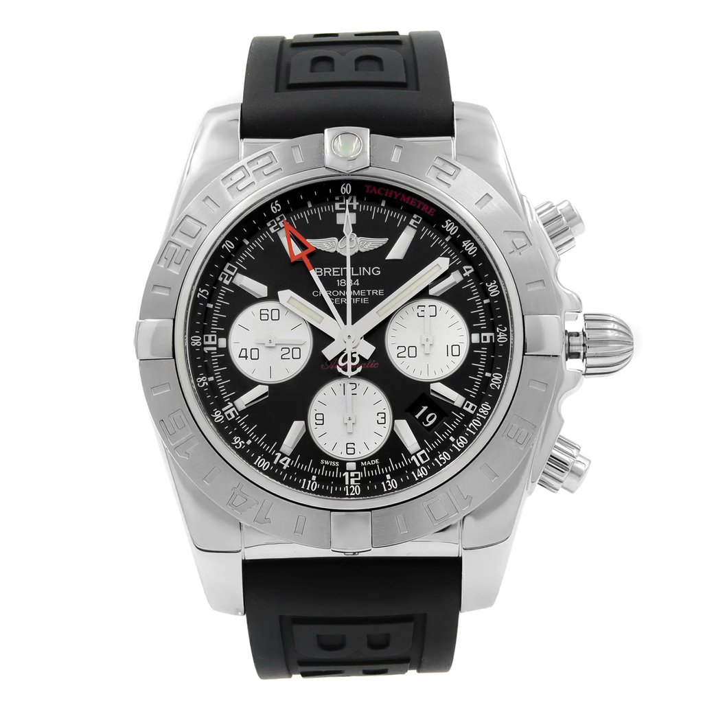 An image of a pre-owned Breitling men's wristwatch in good condition, presented in a full frontal view. The watch features a round stainless steel case with a gray bezel and a black dial. It has silver-tone stick indices, a red-tipped seconds hand, and three sub-dials. The timepiece is fitted with a black rubber band, and it is positioned centrally against a white background, with the camera angle directly facing the watch face, capturing the entire watch at a close distance. Light scratches on the watch.