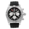 An image of a pre-owned Breitling men's wristwatch in good condition, presented in a full frontal view. The watch features a round stainless steel case with a gray bezel and a black dial. It has silver-tone stick indices, a red-tipped seconds hand, and three sub-dials. The timepiece is fitted with a black rubber band, and it is positioned centrally against a white background, with the camera angle directly facing the watch face, capturing the entire watch at a close distance. Light scratches on the watch.