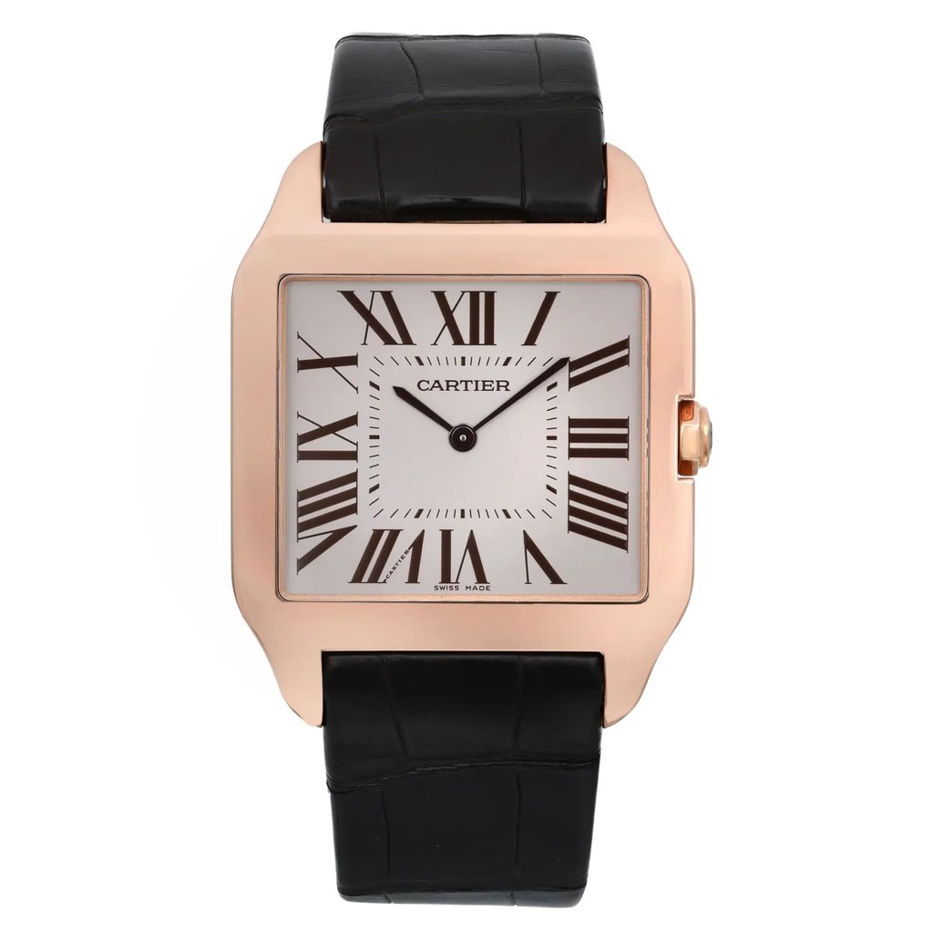 An image of a pre-owned wristwatch taken from a front full frontal view. The watch features a square face with black Roman numerals on a white dial. The case appears to be rose gold, and the watch is complemented by a black leather strap. The angle is direct, capturing the entire front of the watch, showing its details clearly.