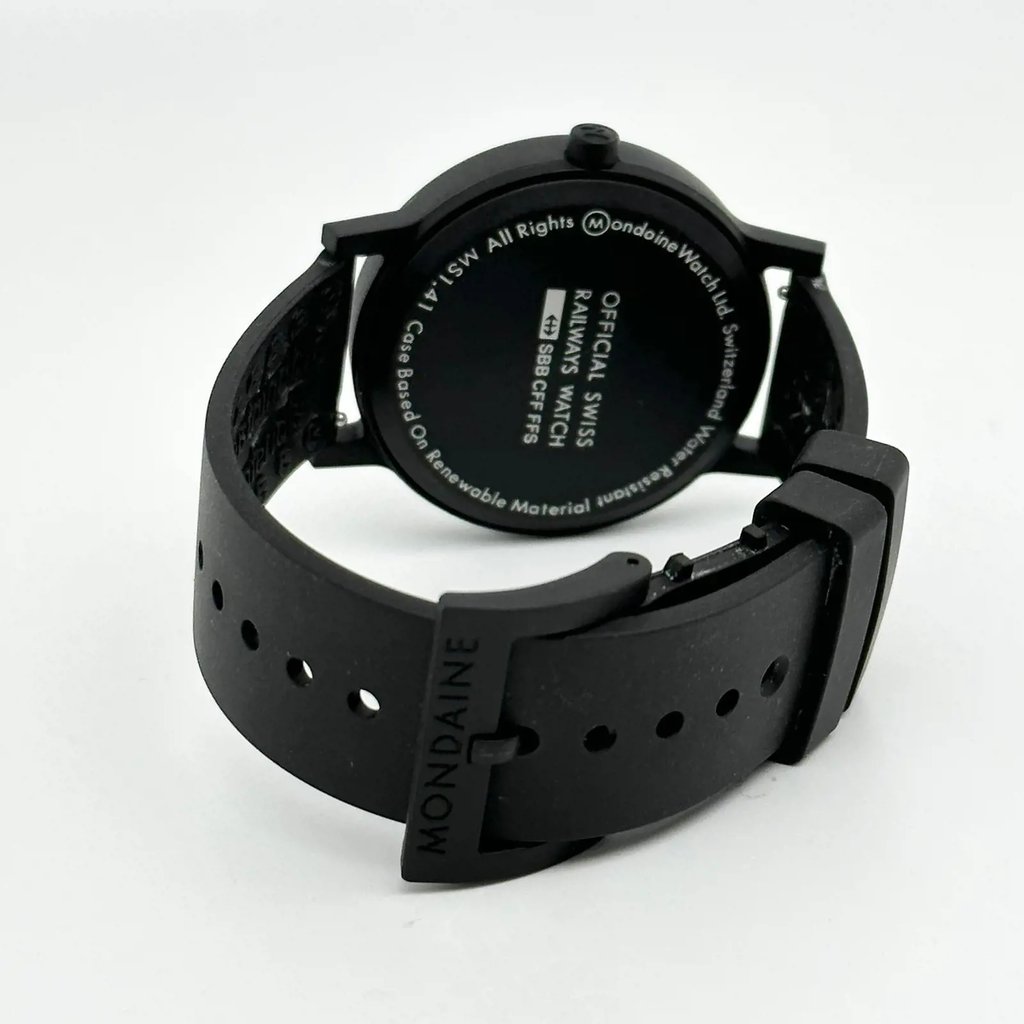 Back View Of Solid Back Case And Closed Silicone Band Of Mondaine MS1.41120.RB Watch Display Model Condition