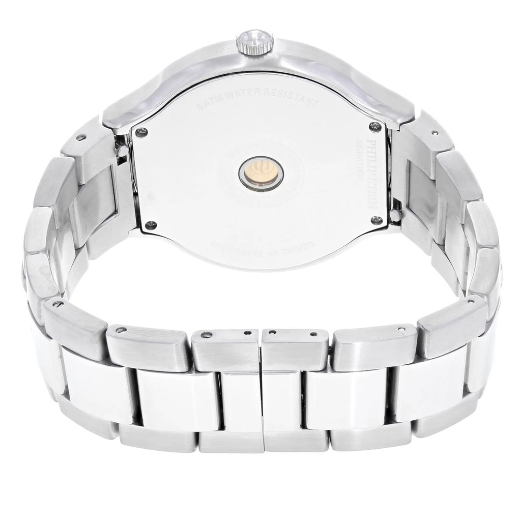 Back View Of Screwback Back Case And Closed Stainless Steel Band Of Philip Stein 43-MBW-SS Watch Pre Owned Condition