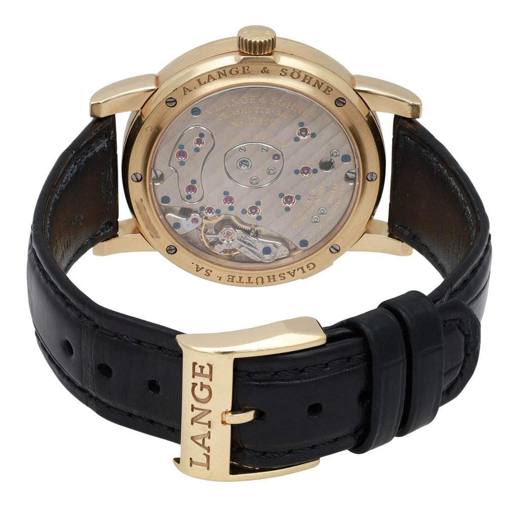 Back View Of Exhibition Back Case And Closed Leather Band Of A. Lange & Söhne 101.021 Watch Pre Owned Condition