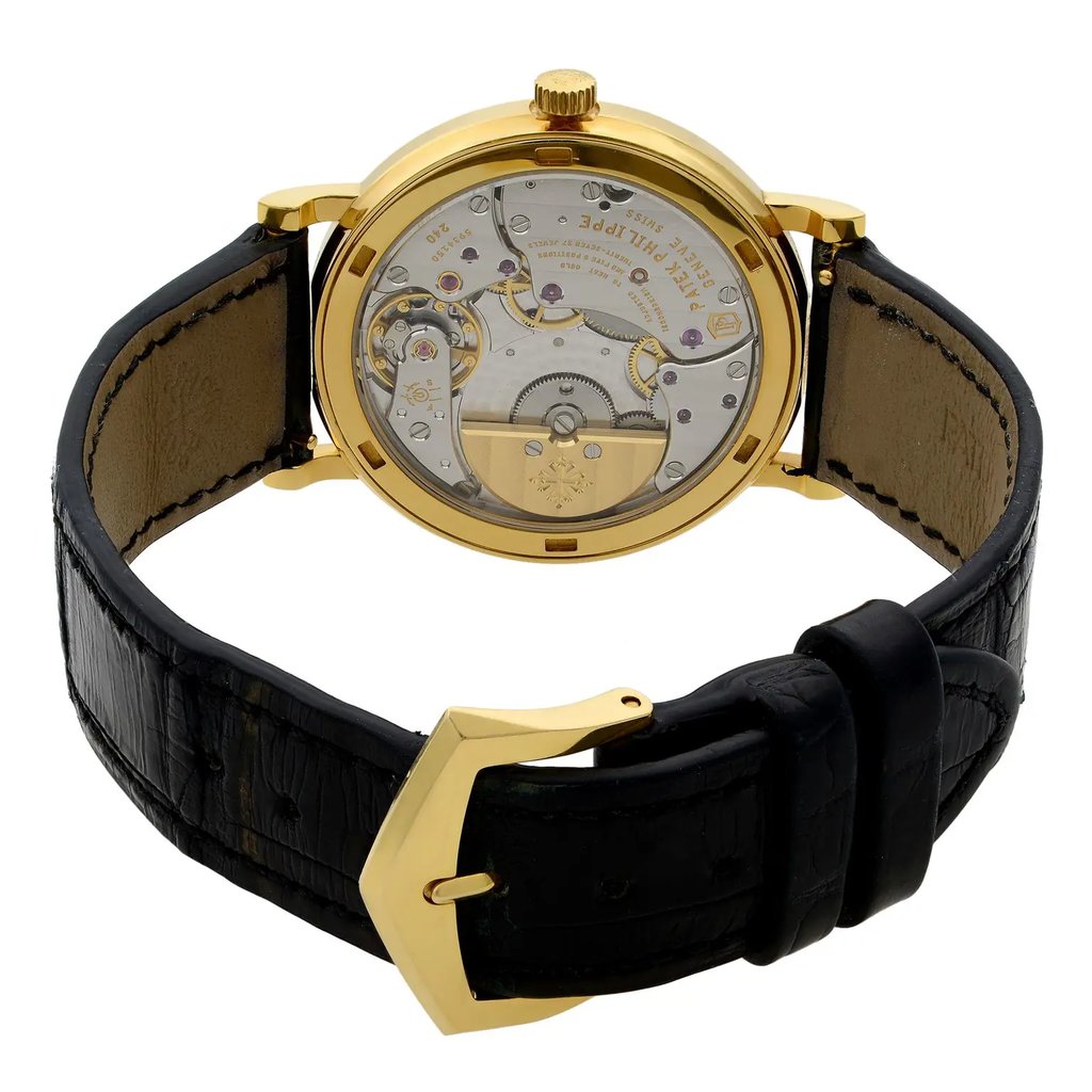 Back View Of {Caseback} Back Case And Closed Leather Band Of Patek Philippe 5120J-001 Watch Pre Owned Condition