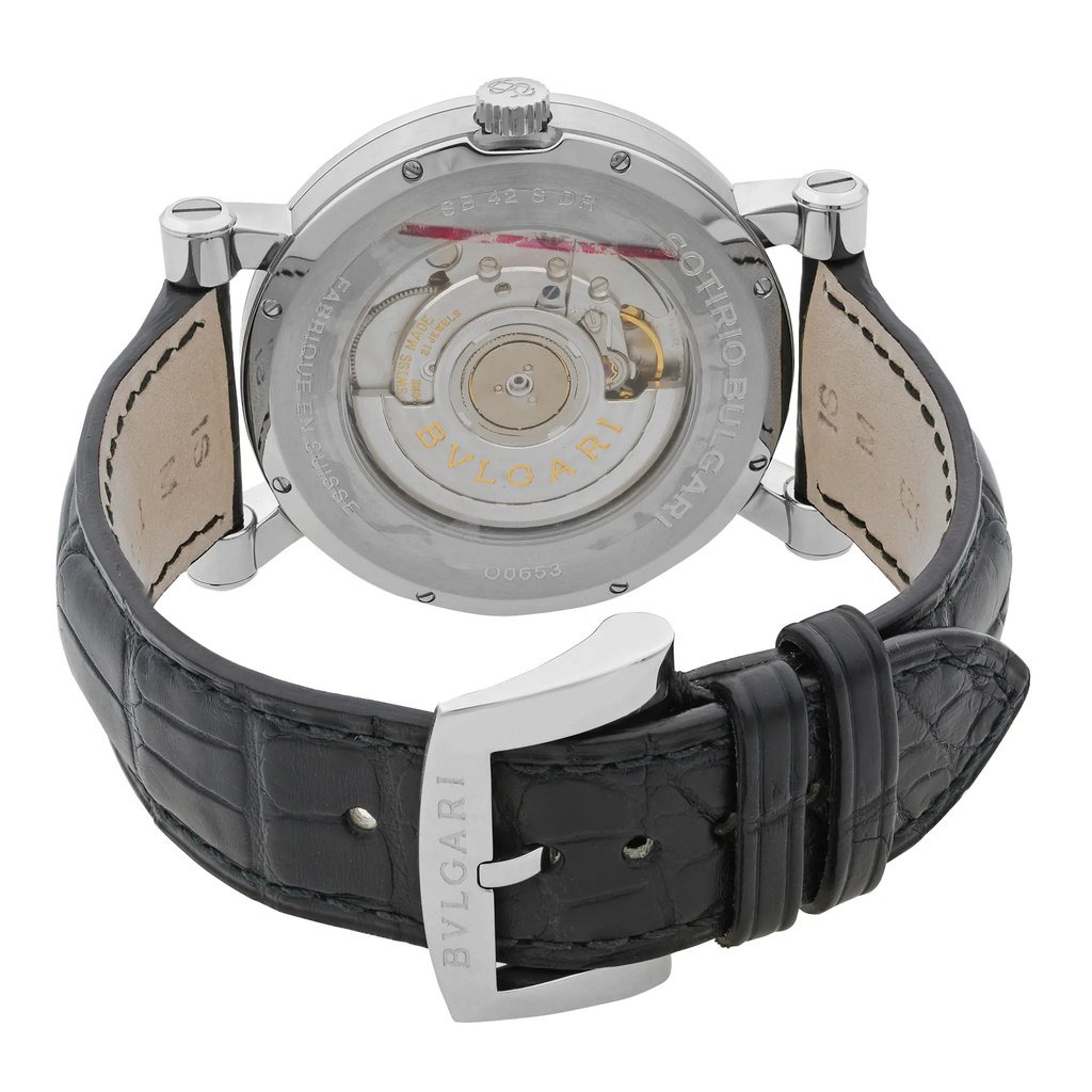 Back View Of Exhibition Back Case And Closed Leather,Leather,Stainless Steel Band Of Bvlgari SB42SDR Watch Unworn Condition