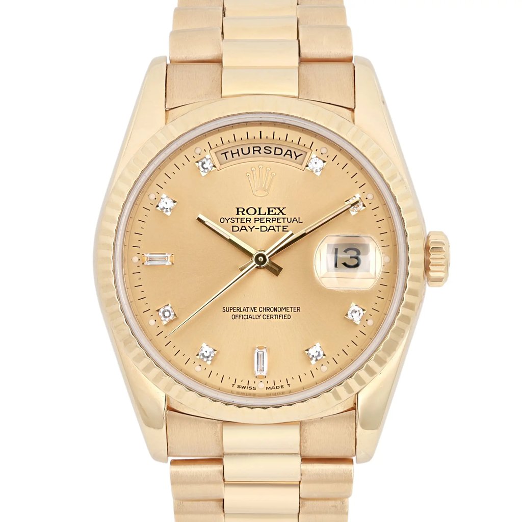 Up Close Front Facing Picture Of Rolex 18238 Yellow Gold Watch Pre Owned Condition