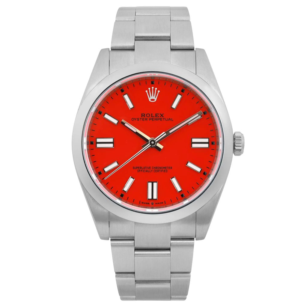 An image of a pre-owned men's Rolex Oyster Perpetual 41mm Steel Coral Red Dial Oyster Watch viewed from the front. The watch is positioned vertically, displaying a vibrant red dial with luminous hands and index markers. The stainless steel bracelet is visible, and the watch is photographed at a close distance, showcasing the brand's logo and details clearly.