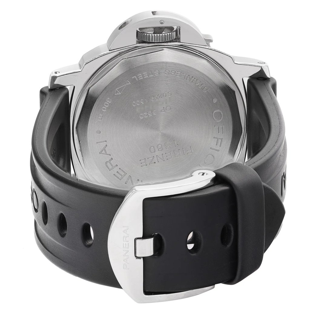 An image of a Wristwatch by Panerai. This Pre Owned item is designed for Men, featuring a Luxury style. It has a Mechanical (Manual) movement and an Analog display with a Black dial color. The indices include 12-Hour Dial,Arabic Numerals,Stick Indexes. The band is made of Rubber and the case is made of Stainless Steel. The watch has a Round shape with a case size of 44 mm and a case thickness of 14 mm.