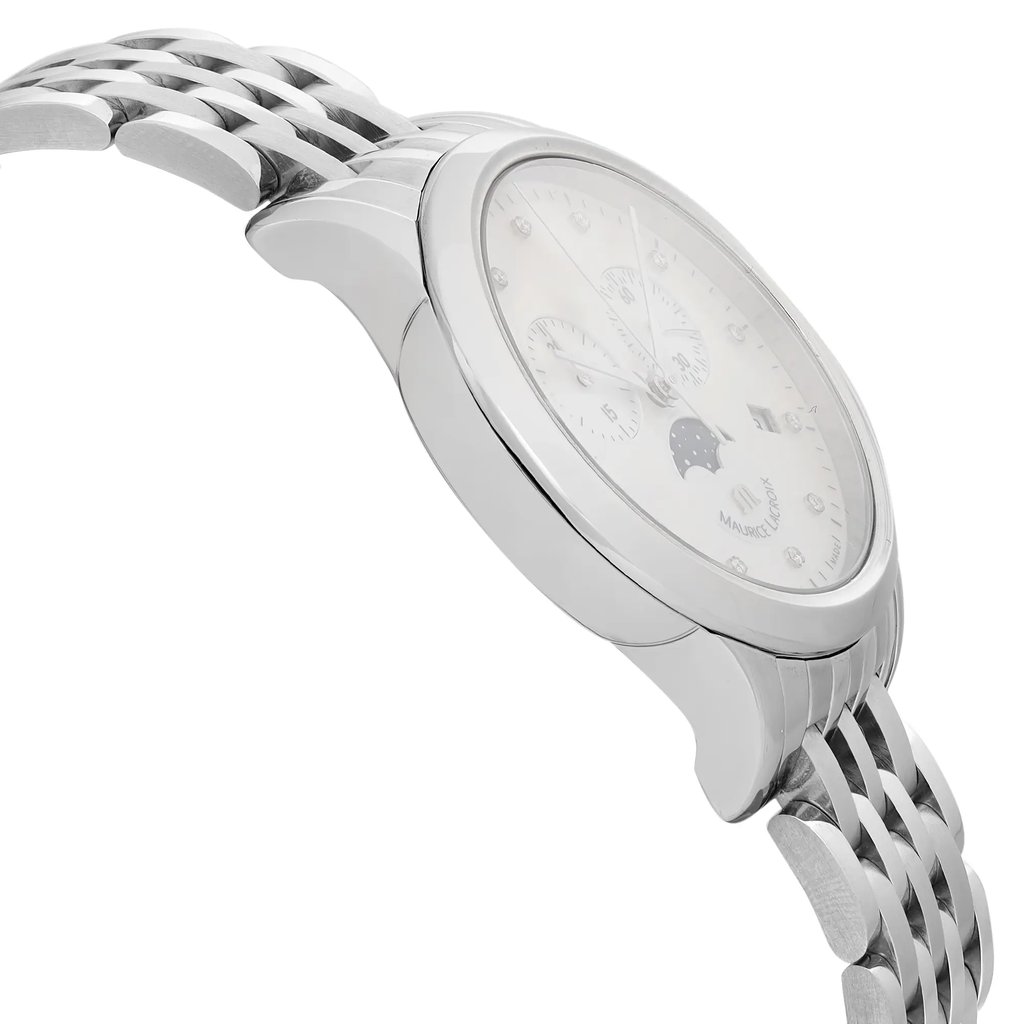 An image of a Wristwatch by Maurice Lacroix. This Unworn item is designed for Women, featuring a Dress/Formal style. It has a Quartz movement and an Analog display with a White dial color. The indices include 12-Hour Dial,Diamond Markers. The band is made of Stainless Steel and the case is made of Stainless Steel. The watch has a Round shape with a case size of 38 mm and a case thickness of 10 mm.