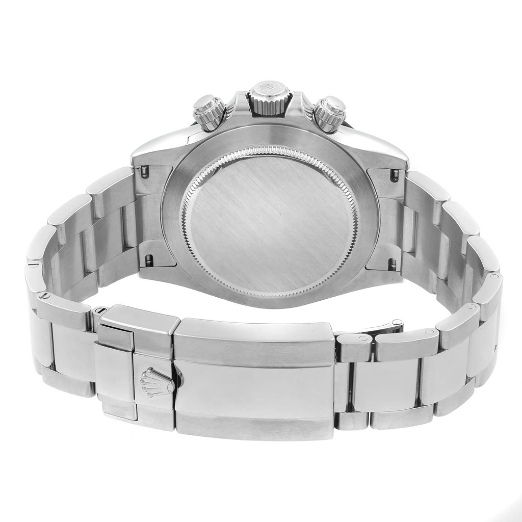 Back View Of Screwback Back Case And Closed Stainless Steel Band Of Rolex 116500LN w Watch Pre Owned Condition