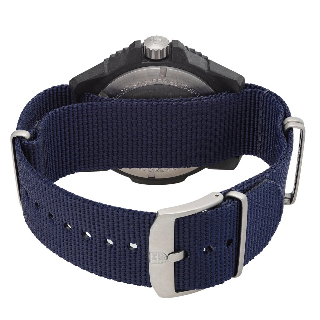 Back View Of Solid Back Case And Closed Nylon Band Of Luminox XS.3803.C Watch Display Model Condition