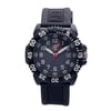 An image of a Wristwatch by Luminox. This Pre Owned item is designed for Men, featuring a Casual,Diver style. It has a Quartz movement and an Analog display with a Black dial color. The indices include 12-Hour Dial,Arabic Numerals,Easy to Read/Large Numerals. The band is made of Rubber and the case is made of Carbon. The watch has a Round shape with a case size of 44 mm and a case thickness of 15 mm.