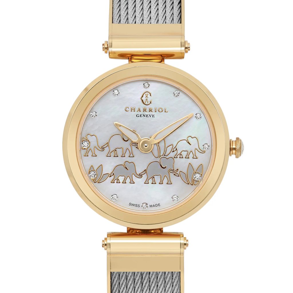 An image of a Charriol women's wristwatch, viewed from the front at a close distance. The watch features a gold-tone case with luminous hands and a unique dial design showcasing small elephant motifs. The background of the dial is a mother-of-pearl finish with diamond hour markers. The watch is pre-owned and includes a steel cable-style bracelet.