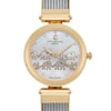 An image of a Charriol women's wristwatch, viewed from the front at a close distance. The watch features a gold-tone case with luminous hands and a unique dial design showcasing small elephant motifs. The background of the dial is a mother-of-pearl finish with diamond hour markers. The watch is pre-owned and includes a steel cable-style bracelet.