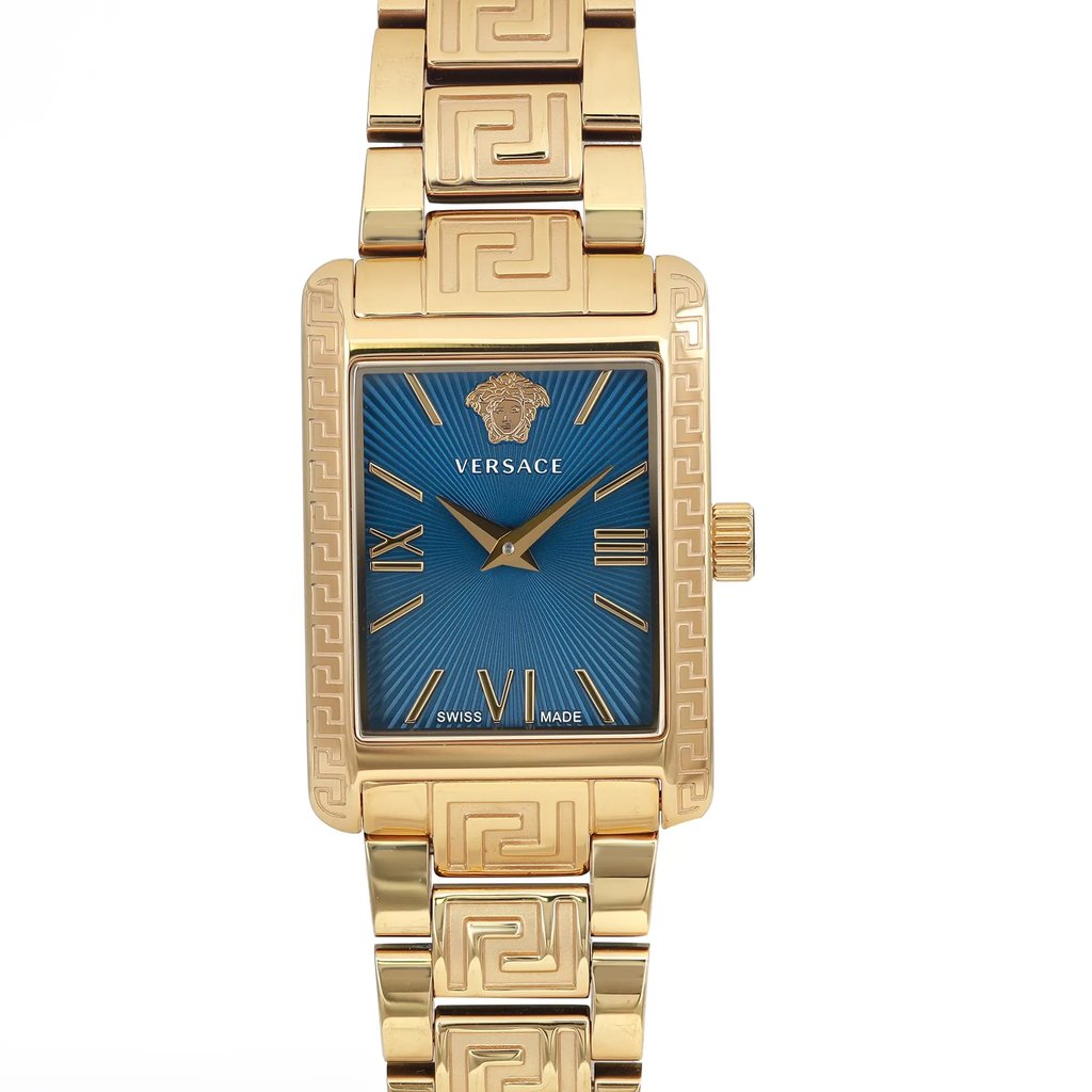 An image of a Wristwatch by Versace. This Display Model item is designed for Women, featuring a Dress/Formal style. It has a Quartz movement and an Analog display with a Blue dial color. The indices include 12-Hour Dial,Non-Numeric Hour Marks,Roman Numerals. The band is made of Gold Plated,Stainless Steel and the case is made of Gold Plated,Stainless Steel. The watch has a Rectangle shape with a case size of 23 mm and a case thickness of 8 mm.