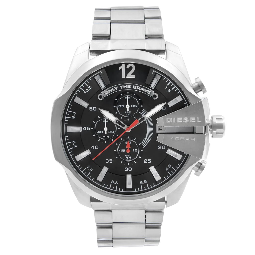 An image of a Wristwatch by Diesel. This Display Model item is designed for Men, featuring a Casual,Sport style. It has a Quartz movement and an Analog display with a Black dial color. The indices include 12-Hour Dial,Arabic Numerals,Multi Dial,Non-Numeric Hour Marks. The band is made of Stainless Steel and the case is made of Stainless Steel. The watch has a Round shape with a case size of 53 mm and a case thickness of 14 mm.