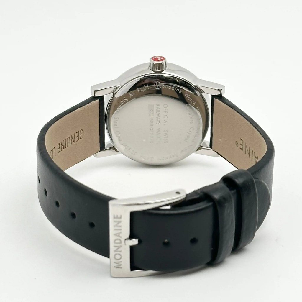 Back View Of Snap Back Case And Closed Leather Band Of Mondaine MSE.30210.LB Watch Display Model Condition