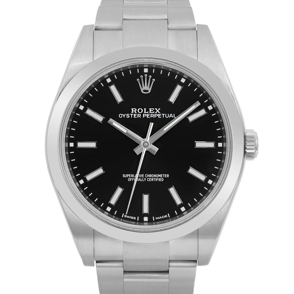 An image of a pre-owned men's Rolex wristwatch, viewed from the front in a close-up shot. The watch features a round black dial with stick indexes and a gray bezel. The band and case are made of stainless steel, reflecting a casual style in good condition.