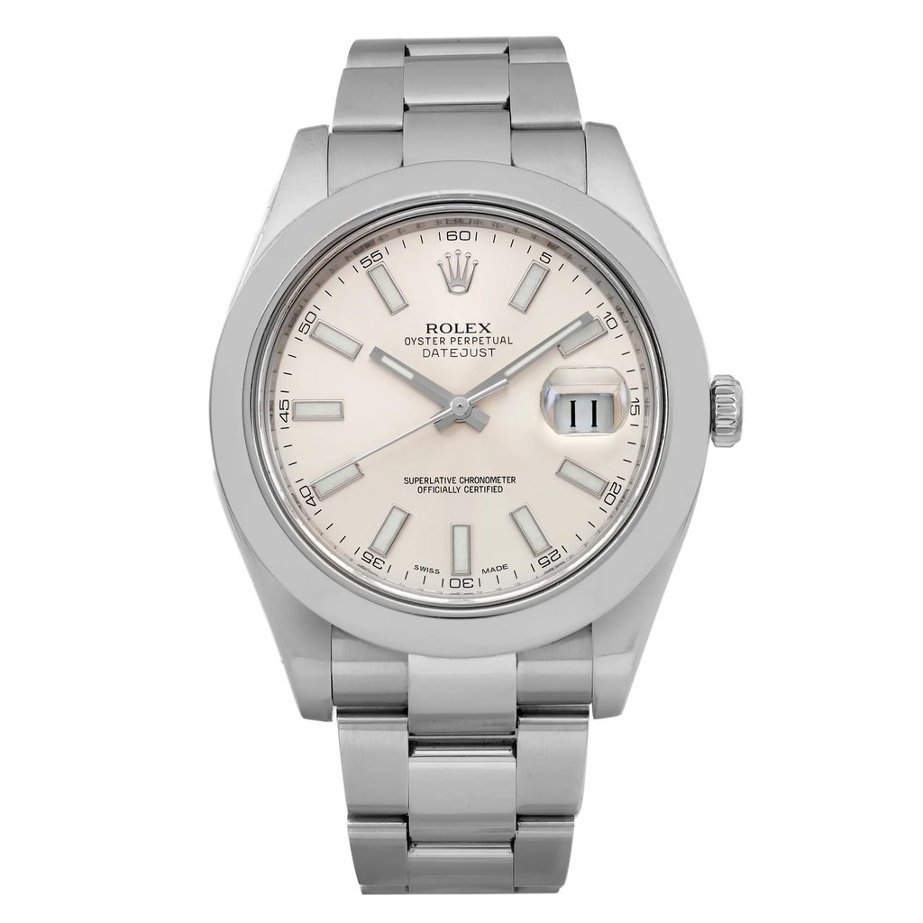 An image of a pre-owned wristwatch captured from a front full frontal view. The watch features a silver metal band and a round face with a light-colored dial. The brand name and details are visible on the dial. The watch is positioned upright, with the image taken at a close distance to highlight the design and details.