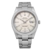An image of a pre-owned wristwatch captured from a front full frontal view. The watch features a silver metal band and a round face with a light-colored dial. The brand name and details are visible on the dial. The watch is positioned upright, with the image taken at a close distance to highlight the design and details.