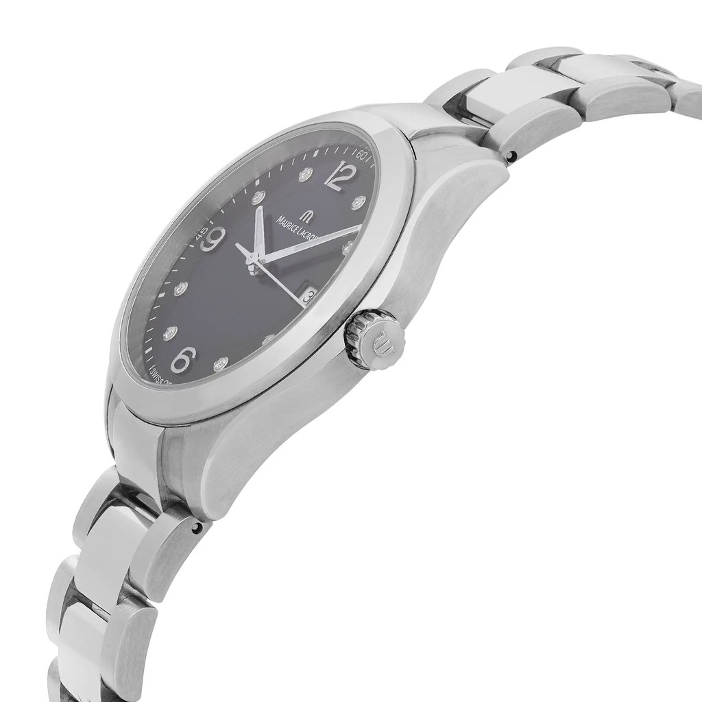 View Of Crown Facing Side Of Maurice Lacroix MI1014-SS002-350 Stainless Steel Watch Unworn Condition