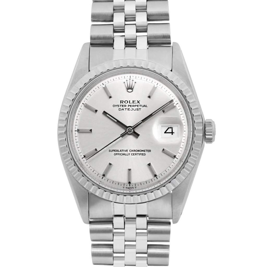 Up Close Front Facing Picture Of Rolex 1603 Stainless Steel Watch Pre Owned Condition
