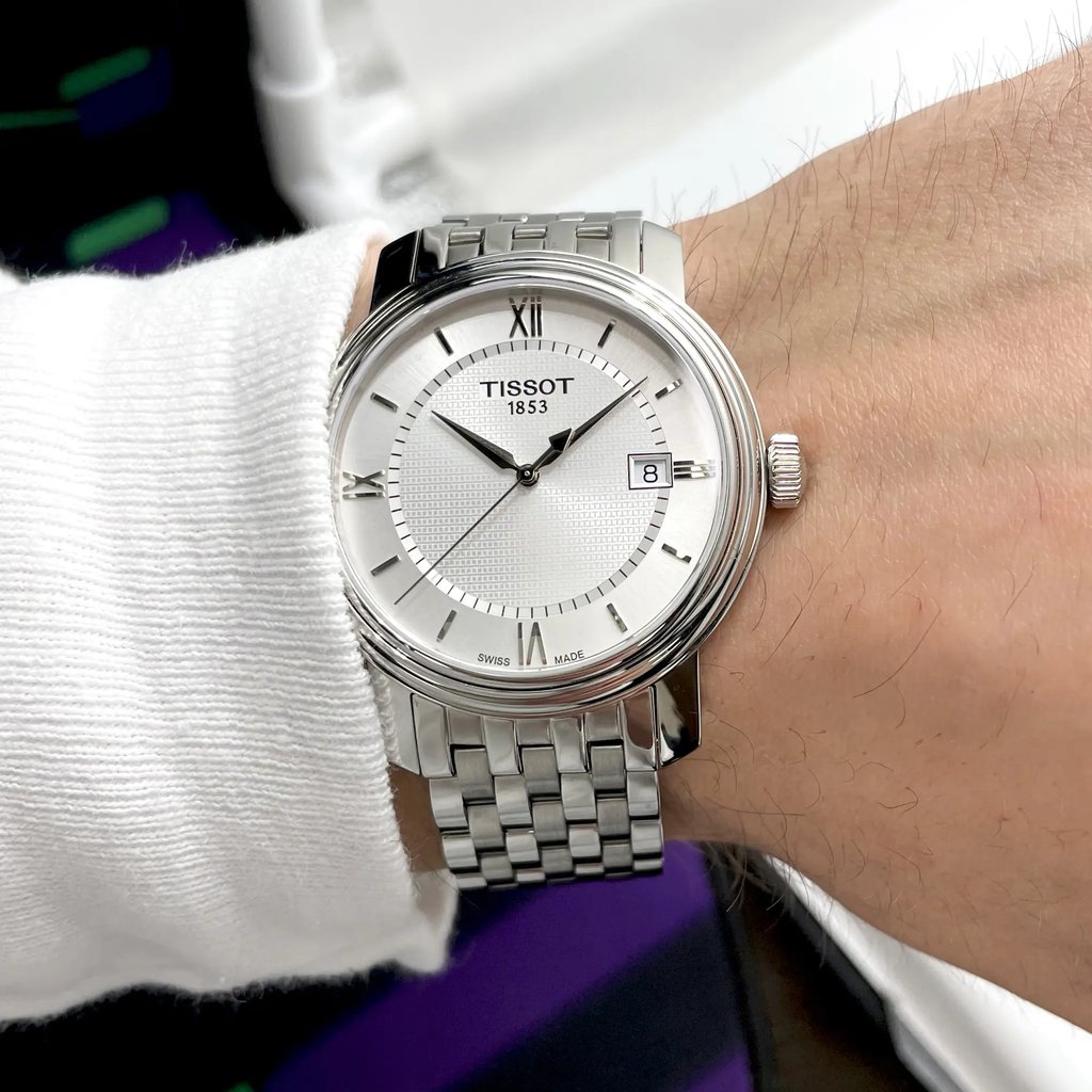 Up Close Front Facing Picture Of Tissot T097.410.11.038.00 Stainless Steel Watch Display Model Condition