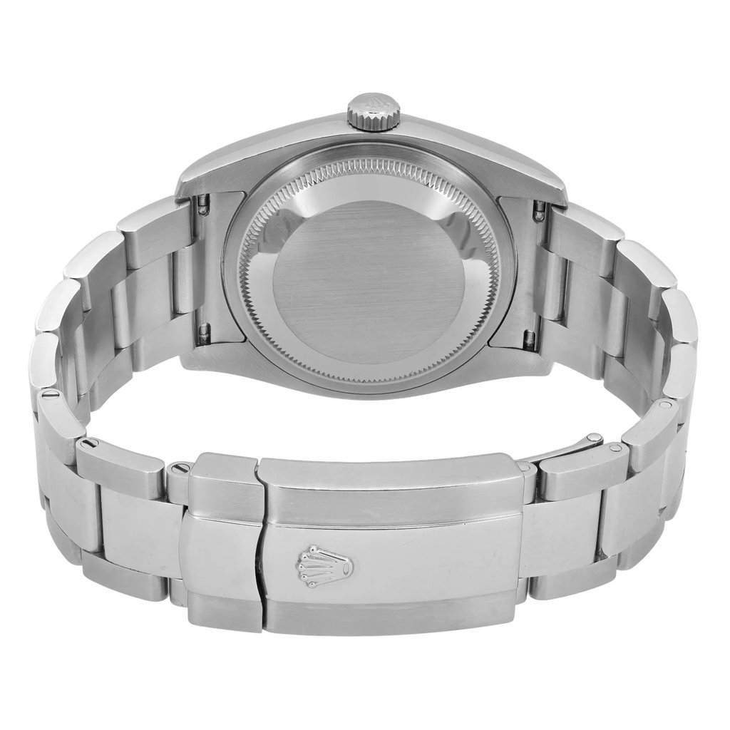 An image of a pre-owned men's Rolex wristwatch viewed from the back. The focus is on the stainless steel bracelet and closed clasp, which features the Rolex logo. The watch is positioned horizontally, with the crown visible at the top, and captured at a close distance to highlight the brushed metal finish and detailing.