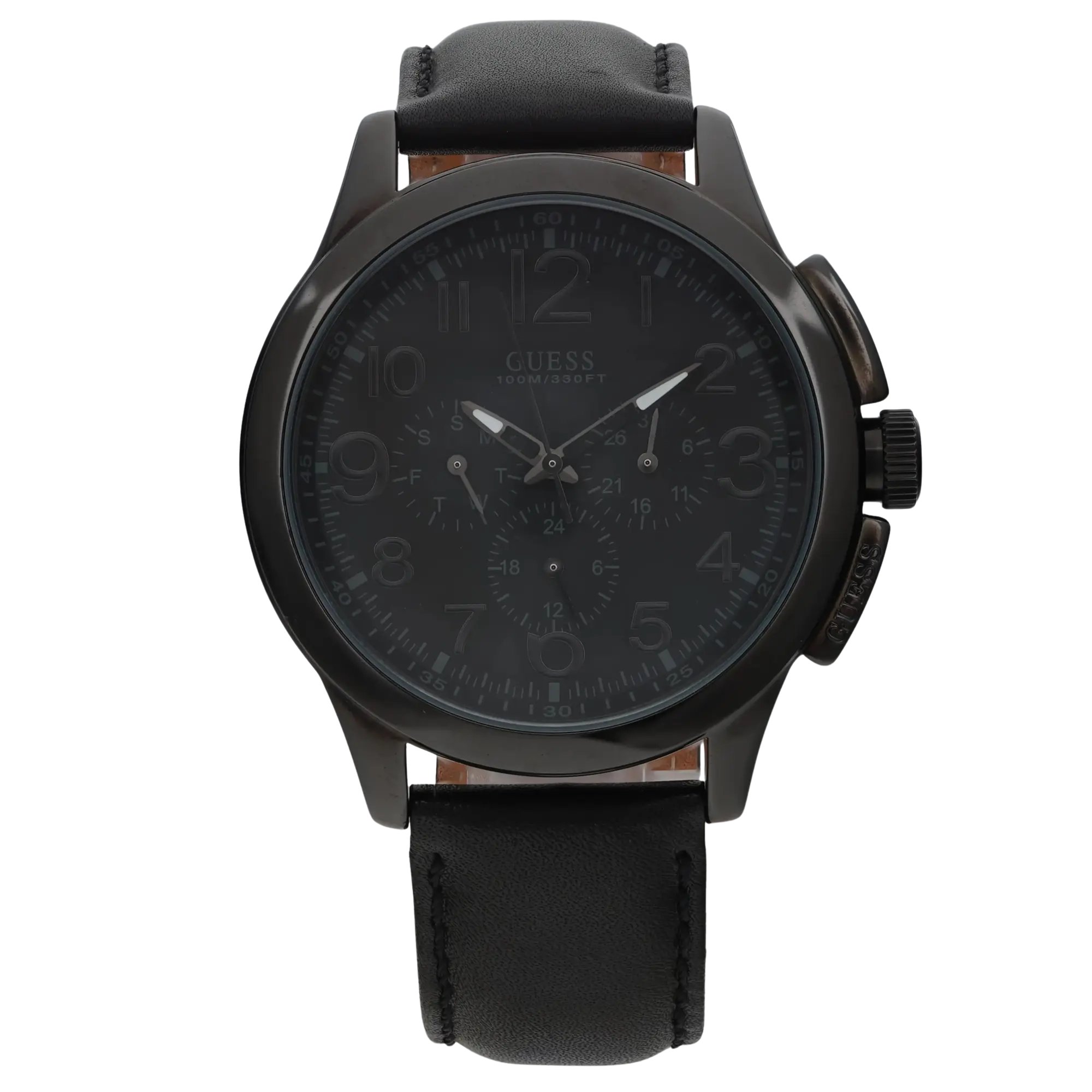 An image of a pre-owned men's GUESS wristwatch with a dark face and leather strap. The watch is positioned upright, facing directly towards the viewer, capturing a frontal view. It features a chronograph, date indicator, day/date display, luminous hands, and a small seconds subdial, all visible from this angle. The photo is taken at a close distance to highlight the details of the watch's face and features.