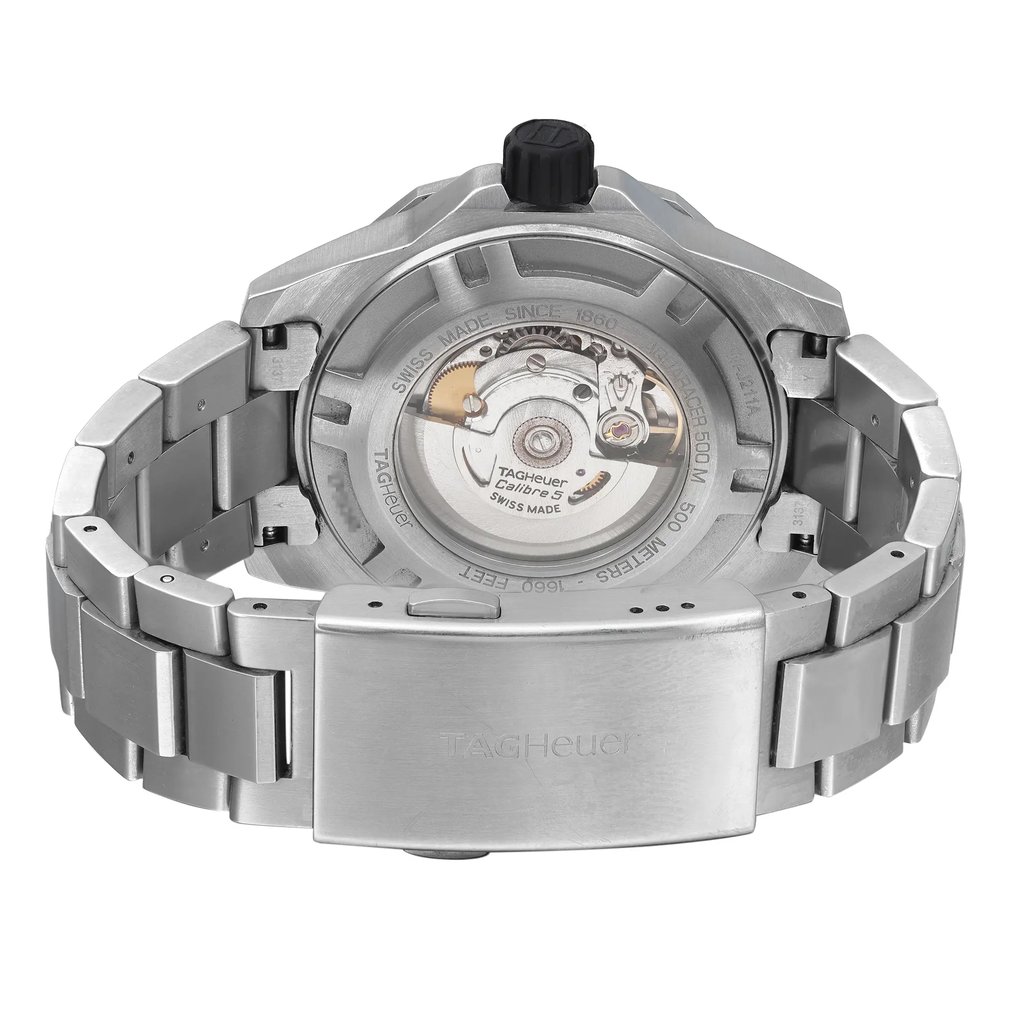 Back View Of Exhibition Back Case And Closed Stainless Steel Band Of TAG Heuer WAJ211A.BA0870 Watch Pre Owned Condition