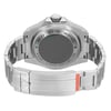 An image of a wristwatch taken from the back view, showcasing the closed clasp. The watch is positioned upright with the focus on the detailed engravings on the case back. The stainless steel bracelet and clasp are clearly visible, highlighting its unworn condition. The angle provides a clear view of the craftsmanship, captured from a close distance.
