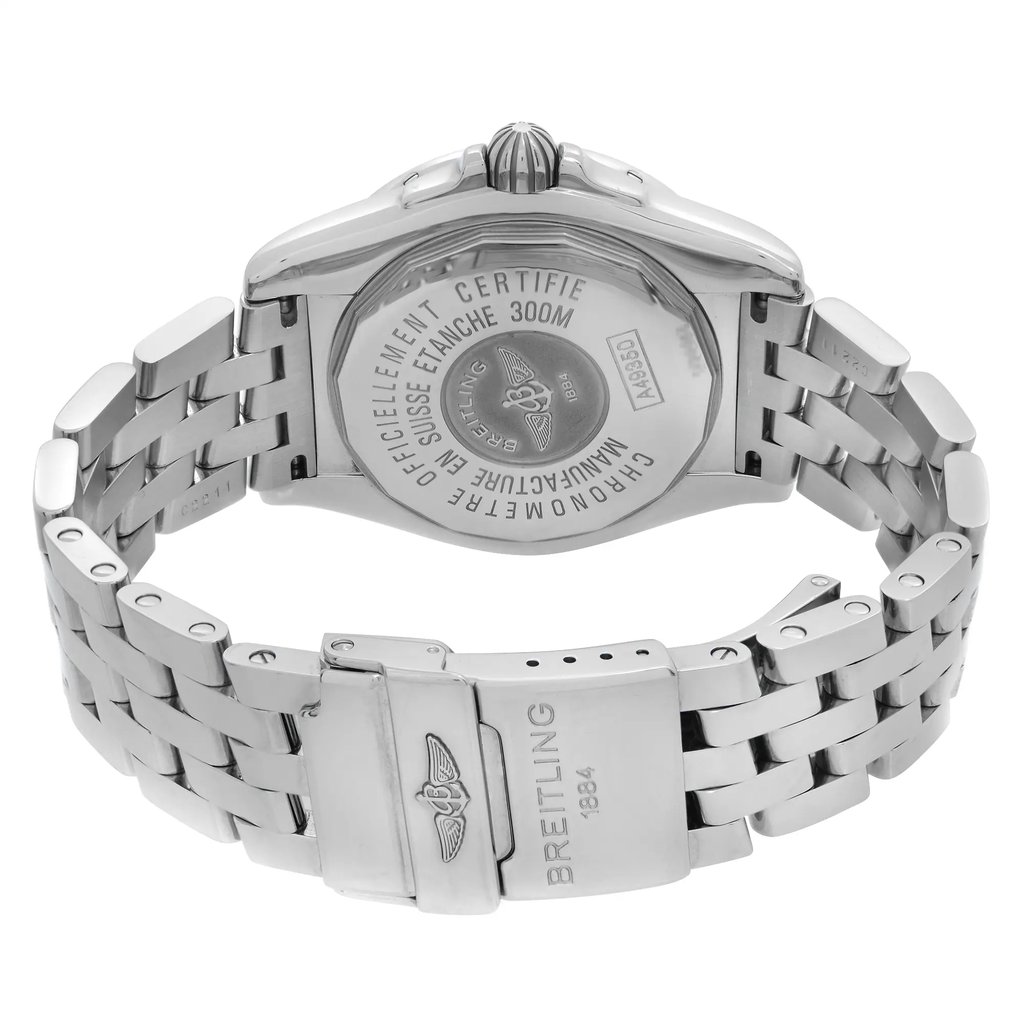 Back View Of Solid Back Case And Closed Stainless Steel Band Of Breitling A49350L2/G699-366A Watch Pre Owned Condition