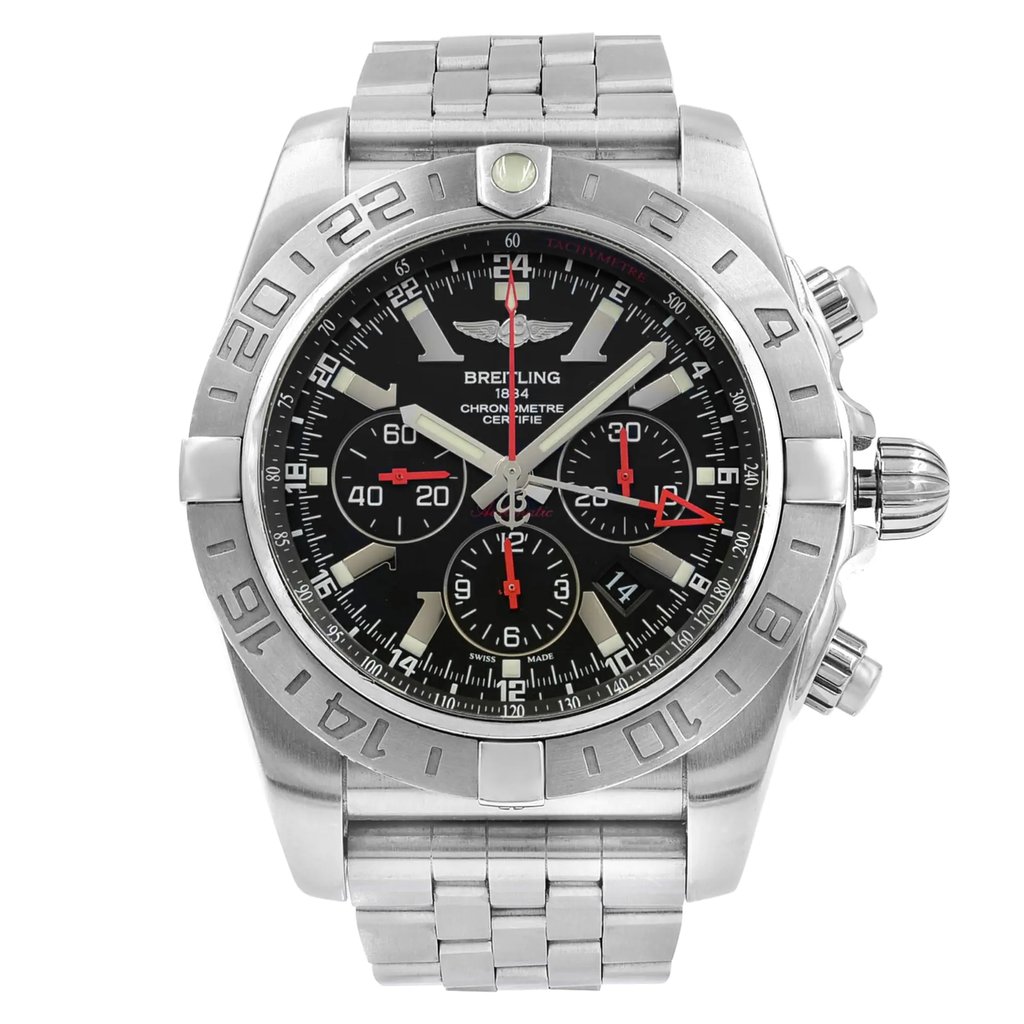 An image of a Wristwatch by Breitling. This Pre Owned item is designed for Men, featuring a Pilot/Aviator style. It has a Mechanical (Automatic) movement and an Analog display with a Black dial color. The indices include 12-Hour Dial,Stick Indexes. The band is made of Stainless Steel and the case is made of Stainless Steel. The watch has a Round shape with a case size of 47 mm and a case thickness of 18 mm.
