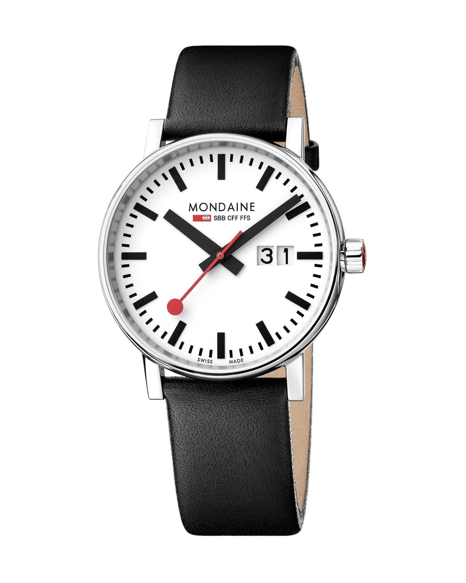 An image of a Wristwatch by Mondaine. This Display Model item is designed for Women, featuring a Casual,Classic,Dress/Formal style. It has a Quartz movement and an Analog display with a White dial color. The indices include 12-Hour Dial,Non-Numeric Hour Marks,Stick Indexes. The band is made of Leather and the case is made of Stainless Steel. The watch has a Round shape with a case size of 30 mm and a case thickness of 9 mm.
