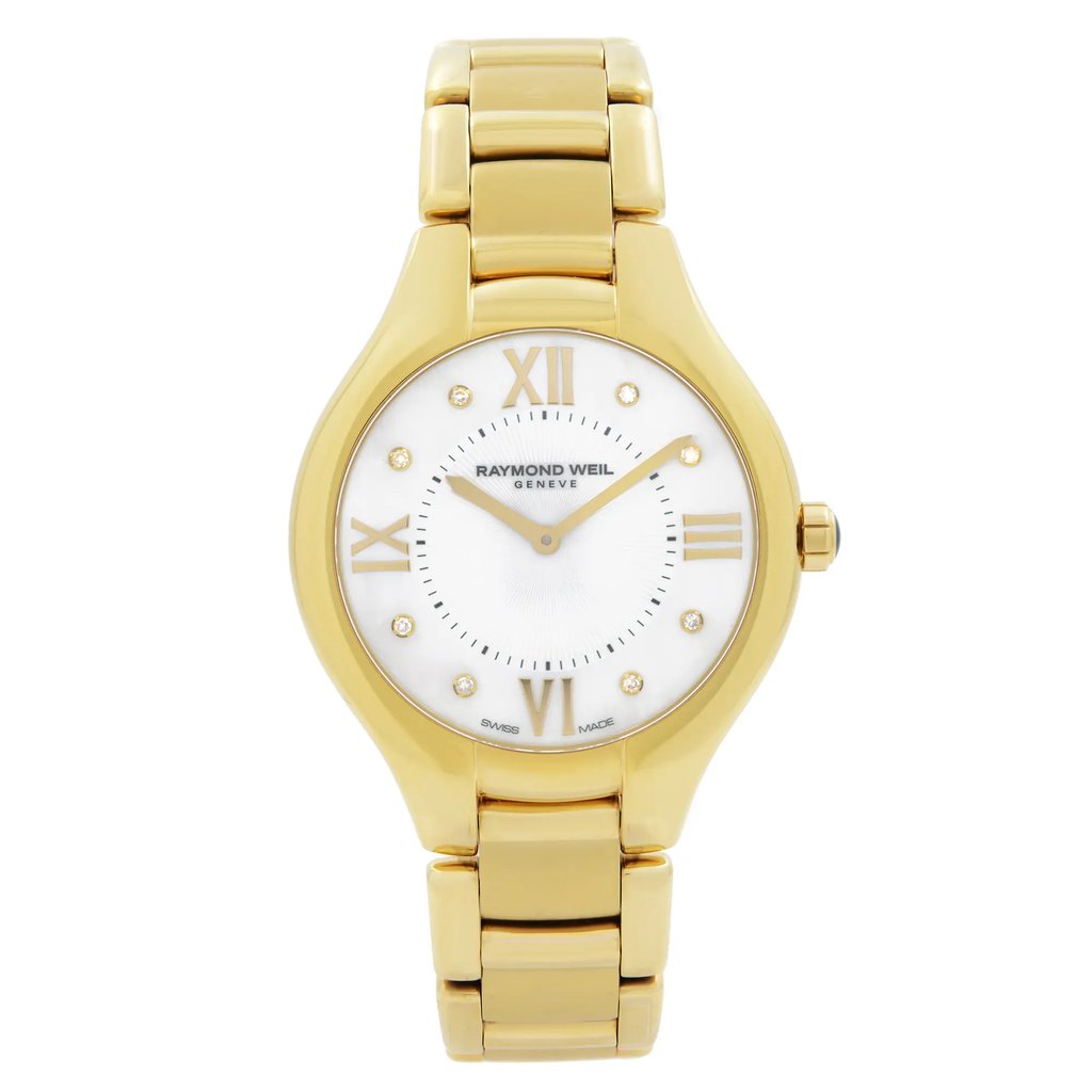 An image of a Wristwatch by RAYMOND WEIL. This Pre Owned item is designed for Women, featuring a Dress/Formal style. It has a Quartz movement and an Analog display with a White dial color. The indices include 12-Hour Dial,Non-Numeric Hour Marks,Roman Numerals. The band is made of Gold Plated,Stainless Steel and the case is made of Gold Plated,Stainless Steel. The watch has a Round shape with a case size of 36 mm and a case thickness of 9 mm.