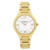 An image of a Wristwatch by RAYMOND WEIL. This Pre Owned item is designed for Women, featuring a Dress/Formal style. It has a Quartz movement and an Analog display with a White dial color. The indices include 12-Hour Dial,Non-Numeric Hour Marks,Roman Numerals. The band is made of Gold Plated,Stainless Steel and the case is made of Gold Plated,Stainless Steel. The watch has a Round shape with a case size of 36 mm and a case thickness of 9 mm.