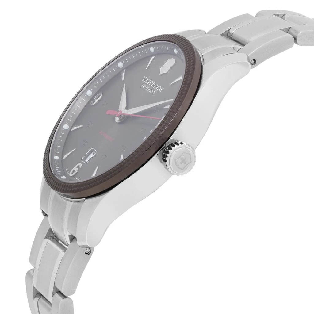 View Of Crown Facing Side Of Victorinox 241714.1 Stainless Steel Watch Display Model Condition