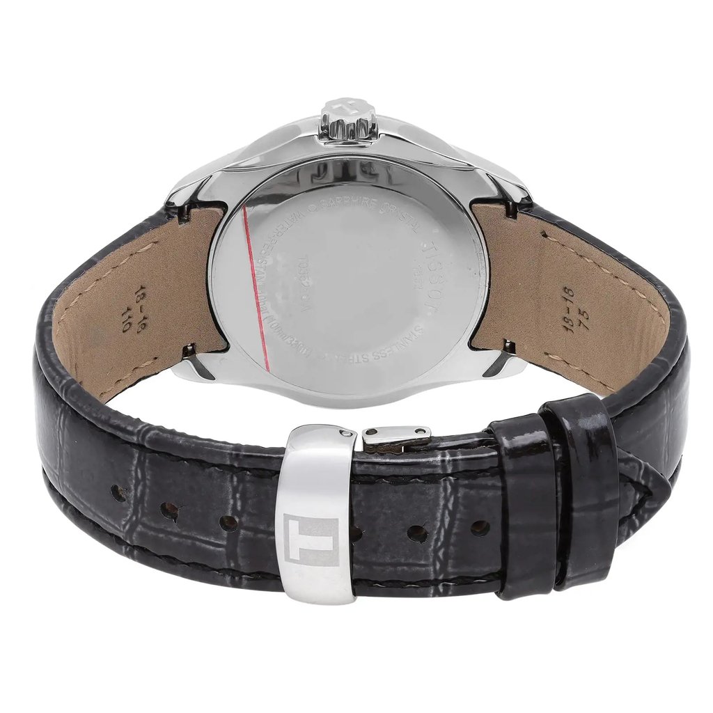 Back View Of Snap Back Case And Closed Leather Band Of Tissot T035.210.66.051.00 Watch Unworn Condition