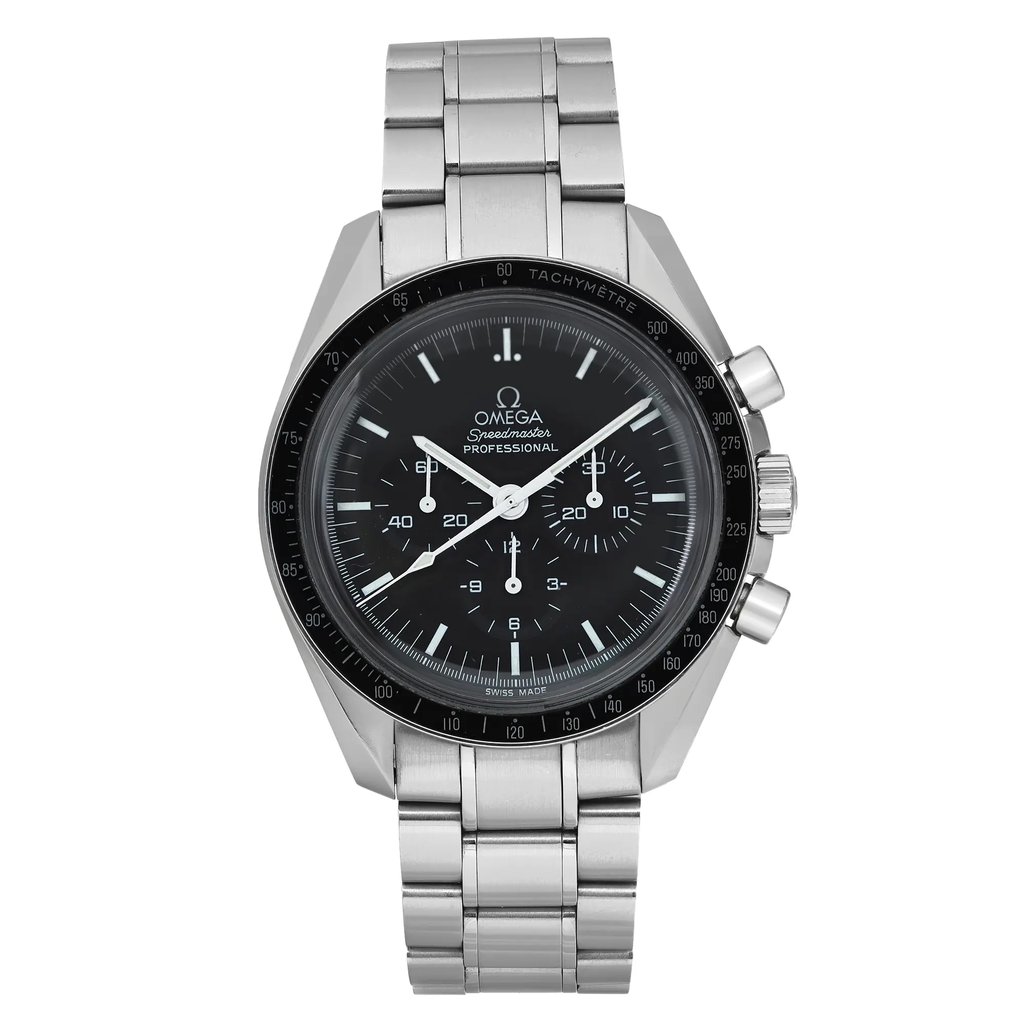 An image of a pre-owned wristwatch taken from a front full frontal view. The watch features a metallic bracelet and a black dial with three sub-dials. The brand and specific details on the watch face are clearly visible, with the crown and pushers on the right side. The image captures the watch at a close distance, showcasing its design and craftsmanship.