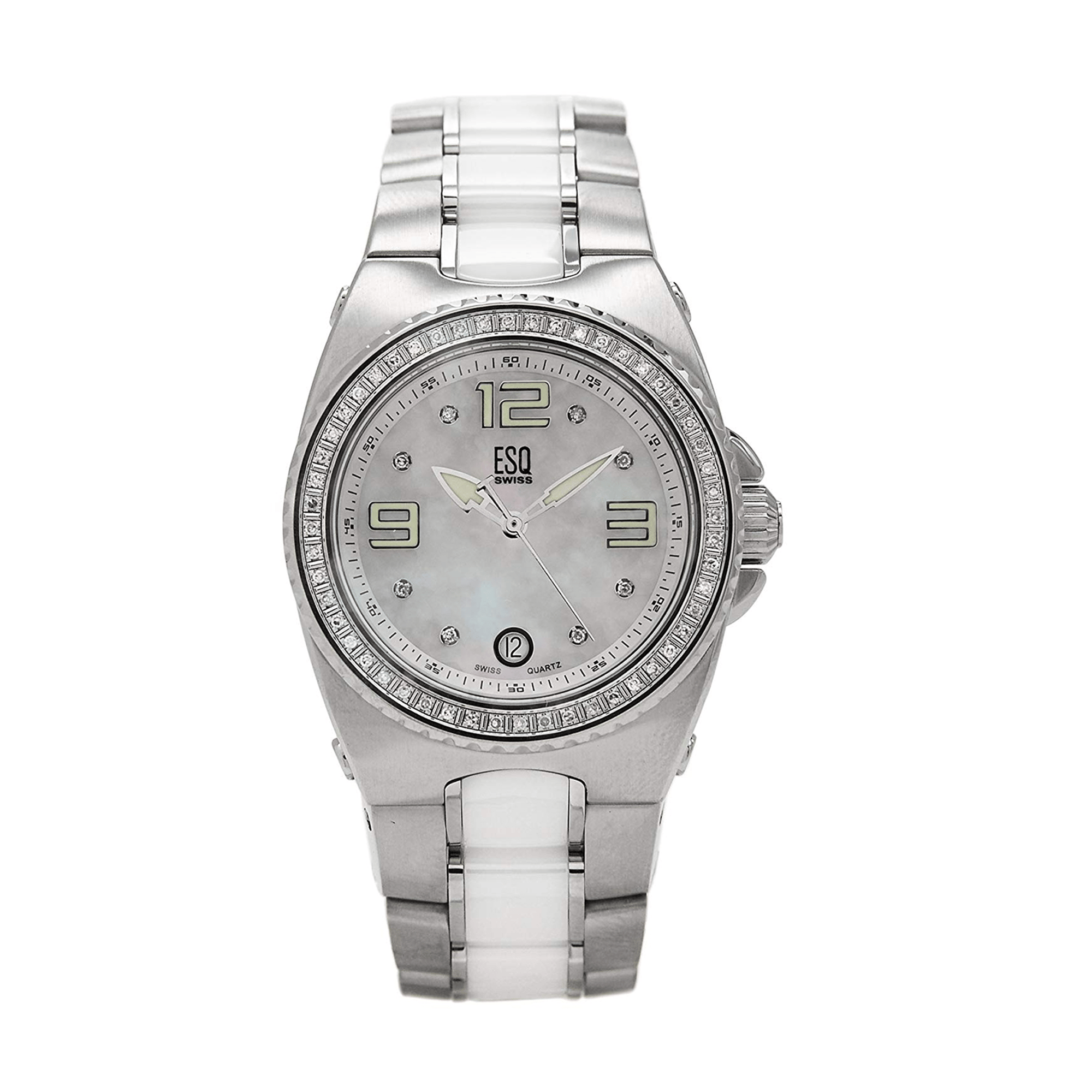 An image of a Wristwatch by ESQ. This Display Model item is designed for Women, featuring a Casual style. It has a Quartz movement and an Analog display with a Mother of Pearl dial color. The indices include 12-Hour Dial,Arabic Numerals,Non-Numeric Hour Marks. The band is made of Ceramic,Stainless Steel and the case is made of Stainless Steel. The watch has a Round shape with a case size of 35 mm and a case thickness of 10 mm.
