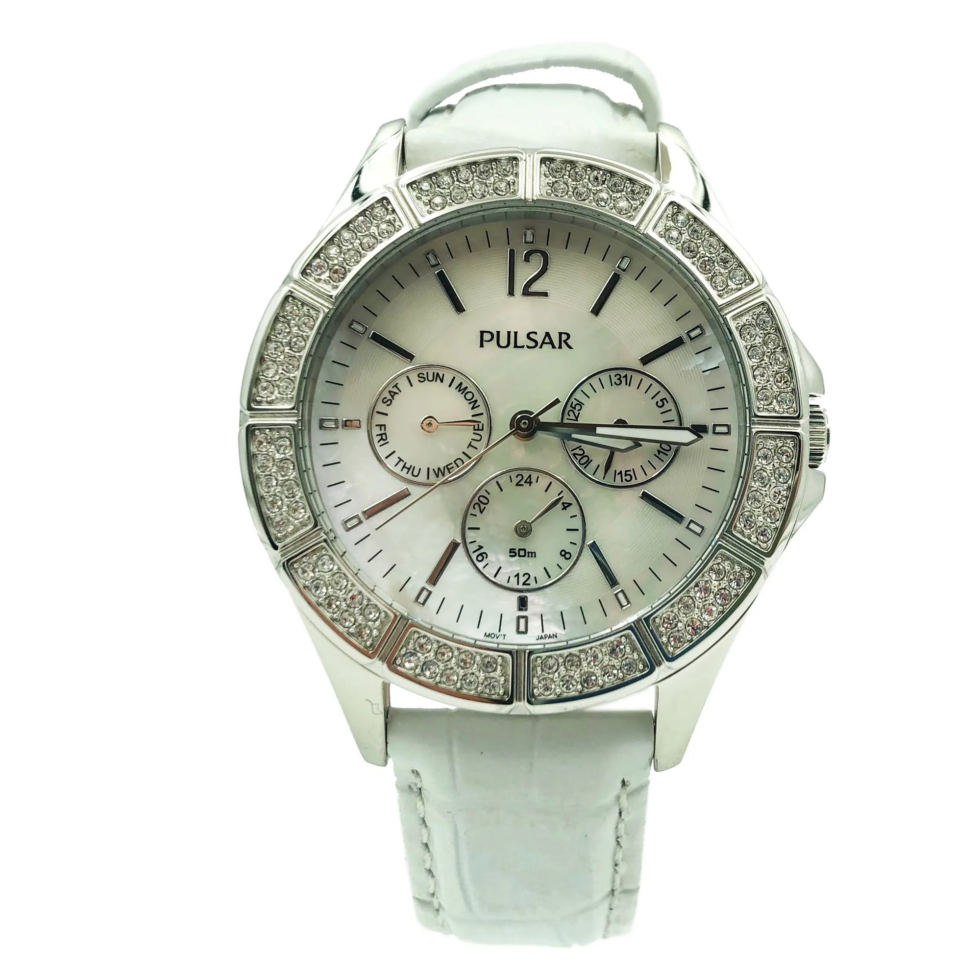 An image of a Wristwatch by Pulsar. This Pre Owned item is designed for Women, featuring a Dress/Formal style. It has a Japanese Quartz movement and an Analog display with a Mother Of Pearl dial color. The indices include Non-Numeric Hour Marks,Sticks. The band is made of Leather and the case is made of Stainless Steel. The watch has a Round shape with a case size of 38 mm and a case thickness of 9 mm.