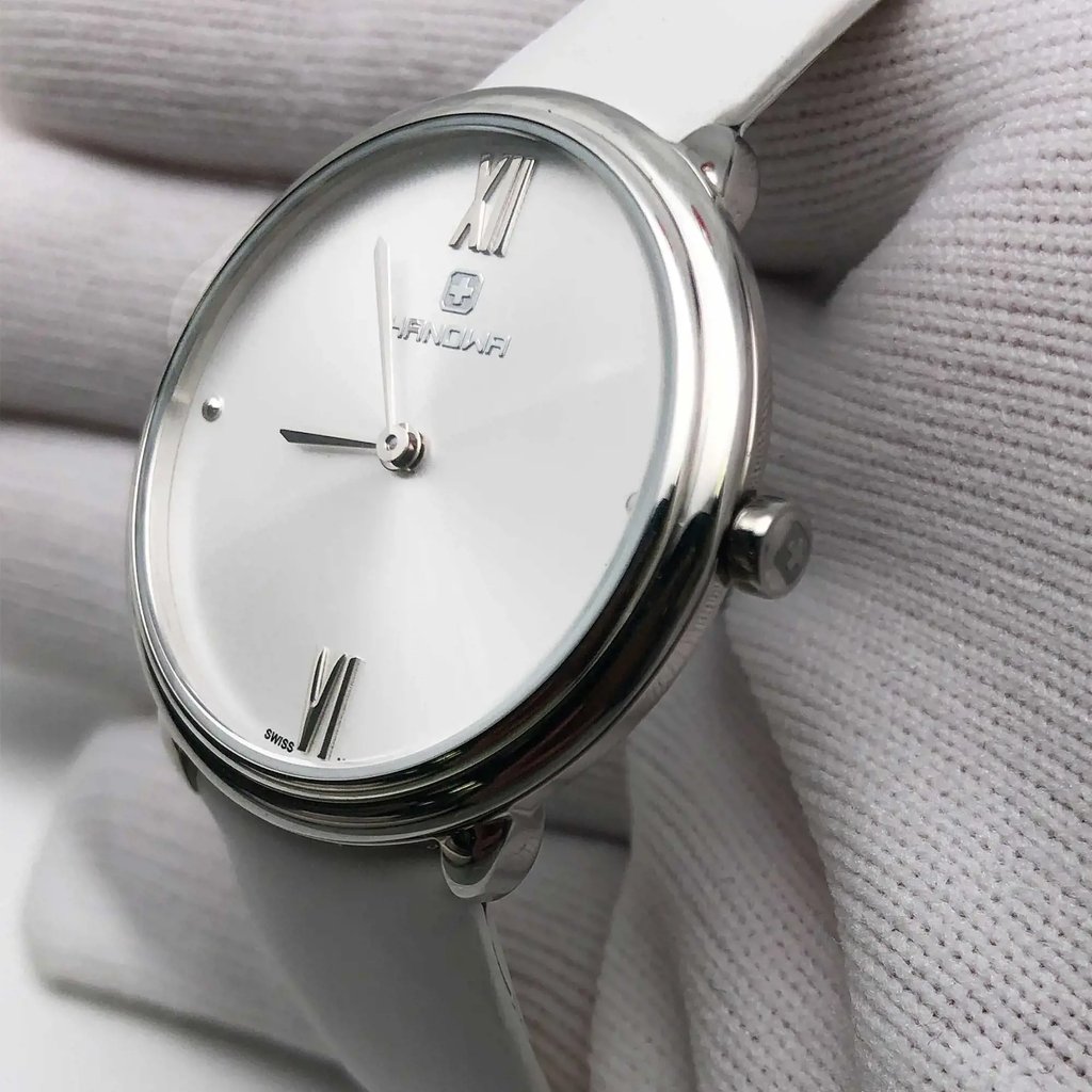 An image of a Wristwatch by hanowa. This Unworn item is designed for Women, featuring a Casual style. It has a Quartz movement and an Analog display with a Silver dial color. The indices include 12-Hour Dial,Roman Numerals. The band is made of Leather and the case is made of Stainless Steel. The watch has a Round shape with a case size of 34 mm and a case thickness of 8 mm.